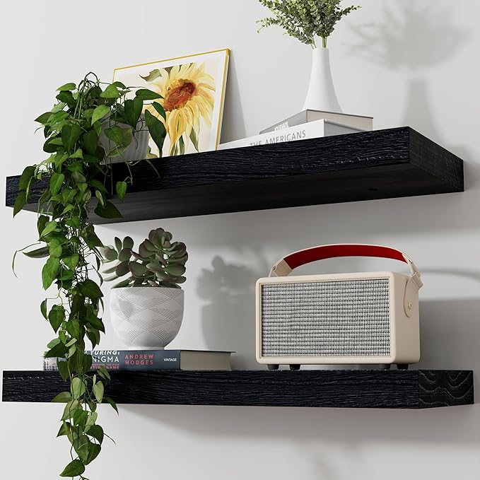Axeman Floating Shelves, 2 Pack 8 Inch Deep Modern Solid Wood Wall Shelves for Storage, Wall Mounted Display Shelving with Invisible Heavy-Duty Metal Bracket, 24" W x 8" D x 1.6" H, Distressed Black