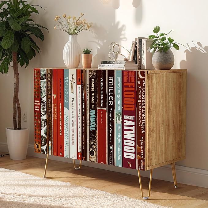 SIGNWIN Sideboard Buffet Cabinet, Kitchen Storage Cabinet with 2 Doors, Bookshelf Library Style, Cupboard Console Table for Dining Room - 35" L x 18" W x 29" H