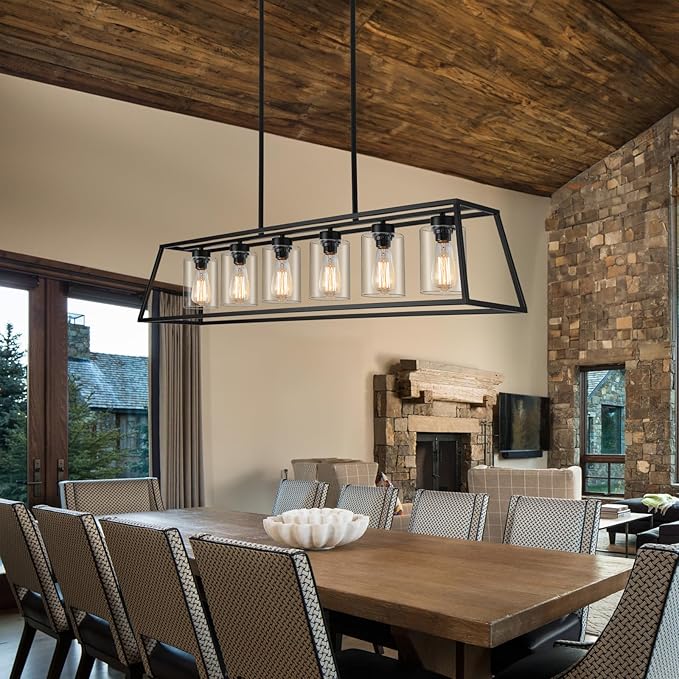 Rectangle Chandeliers for Dining Room | 6-Lights Black Dining Room Light Fixture with Clear Glass Shade | Apply to Kitchen Chandeliers Over Table