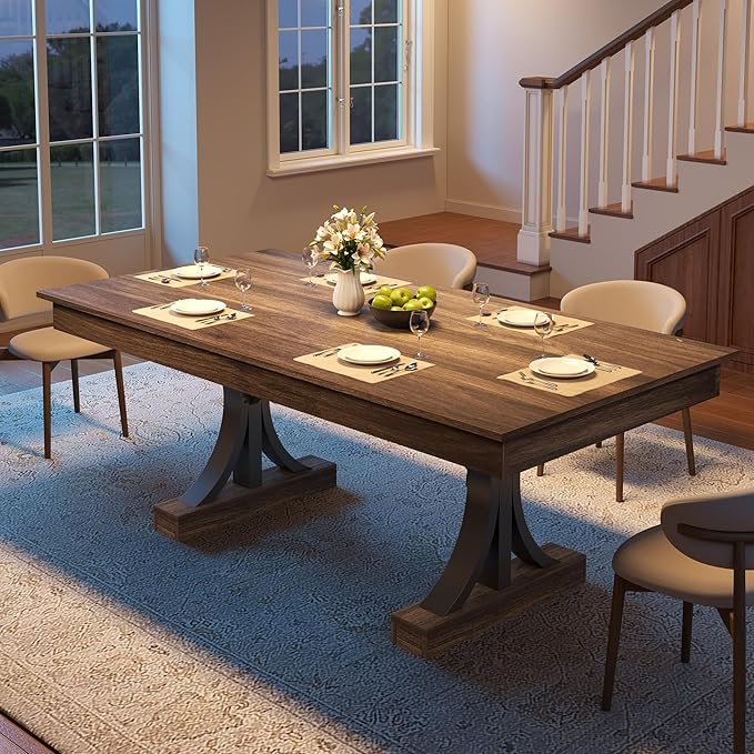 Garvee 71-Inch Wooden Kitchen Table with Two Drawers, Large Dining Table for 6-8 w/Large Tabletop & Sturdy Frame, Rectangular Dining Table with Double Pedestal, for Kitchen, Dinner