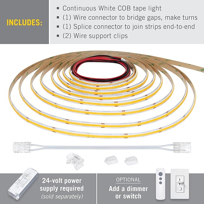 Armacost Lighting RibbonFlex Pro 24V White COB LED Strip Light Tape 4000K, 315 Lumens/Ft, 10M 172350