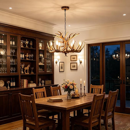 Antler Chandelier 6 Light, Rustic Style Antler Light Fixtures, E12 Base Deer Antler Chandelier Lighting for Home Store Bar (6 lamp arms + 3arm)