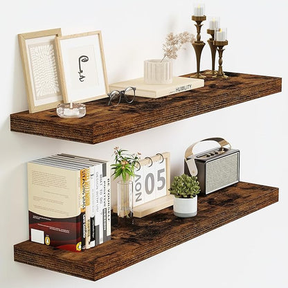 Vivelove Floating Shelves for Wall Mounted, 24 Inch Bathroom Shelves, Display Shelf for Living Room Kitchen Bedroom Office Farmhouse Home Decor, 24" X 9.3" X 1.5" - Set of 2, Rustic Brown