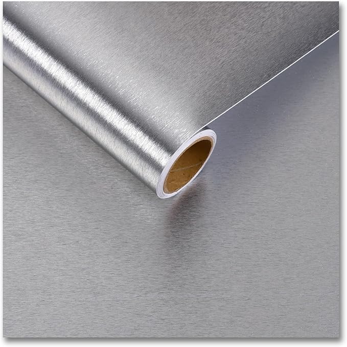 CRE8TIVE Brushed Silver Stainless Steel Contact Paper Peel and Stick Metallic Wallpaper for Kitchen 12"x354" Removable Self Adhesive Silver Contact Paper for Cabinets Waterproof Vinyl Backsplash Walls