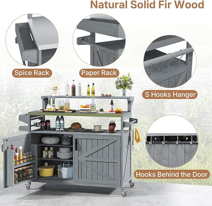 Zevemomo Outdoor Grill Cart with Raised Shelf, Stainless Steel Tabletop Outdoor Kitchen Island, Outdoor Buffet Cabinet with Lockable Wheels, Internal Storage Rack, Spice Rack for Grilling, Grey Blue