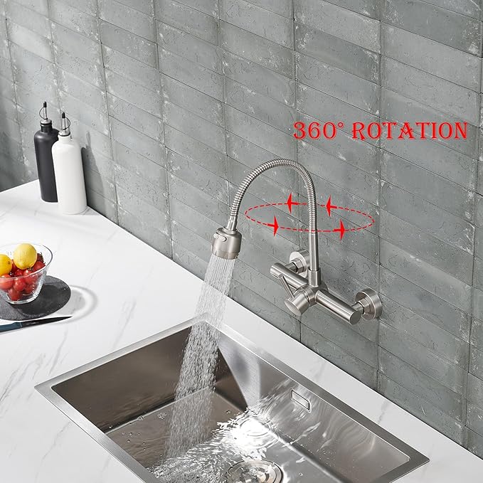 Wall Mount Kitchen Sink Faucet 8 Inch Center with Flexible Sprayer,Stainless Steel Mixer Tap with Dual Function Sprayer,Nickel Brushed Unility Sink Faucet