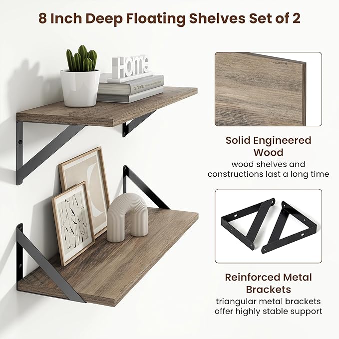 Axeman 20 Inch Floating Shelves | 8 Inch Deep Grey Wall Shelves Set of 2 | 20''W x 8''D Rustic Grey Wood Shelves for Bathroom Living Room Bedroom Kitchen