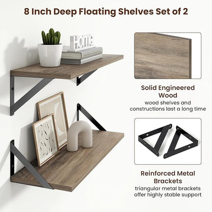 Axeman 20 Inch Floating Shelves | 8 Inch Deep Grey Wall Shelves Set of 2 | 20''W x 8''D Rustic Grey Wood Shelves for Bathroom Living Room Bedroom Kitchen