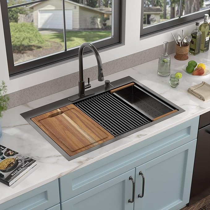 33"x19" Black Drop-In Kitchen Sink – Gunmetal Black NANO-PVD, 16-Gauge 304 Stainless Steel, Single Bowl Ledge Workstation Top Mount Kitchen Sink Basin with Accessories