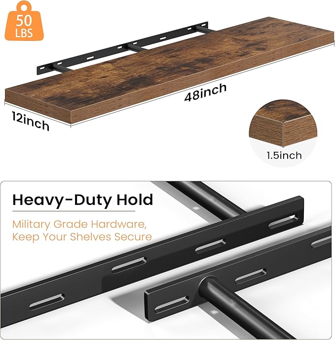 Fun Memories 48 Inch Floating Shelves, 12 Inch Deep Wall Shelves, 48 x 12 Floating Shelf Set of 2, Rustic Brown Wood Floating Shelf Wall Mounted for Large Kitchen Living Room Bedroom Bathroom Storage