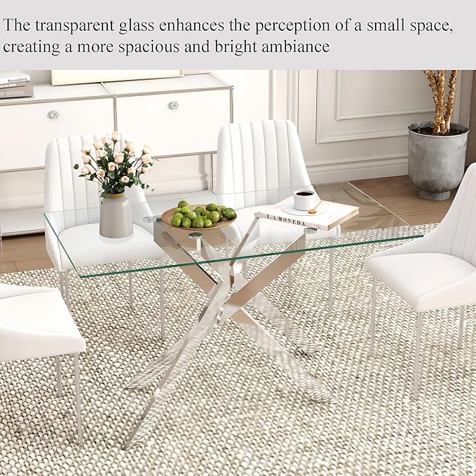 51.18" Rectangular Glass Dining Table, Tempered Glass Kitchen Tabe with Metal Legs, Stylish and Sturdy Dinner Table for Home and Outdoor Dining (Silver, 51.18'')