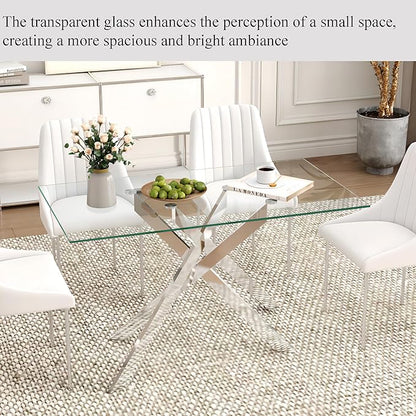 51.18" Rectangular Glass Dining Table, Tempered Glass Kitchen Tabe with Metal Legs, Stylish and Sturdy Dinner Table for Home and Outdoor Dining (Silver, 51.18'')