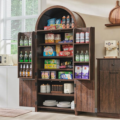 IFBUY 71" Tall Arched Bathroom Storage Cabinet, Modern Fluted Storage Cabinet w/Doors, 3 Adjustable Shelves, 6 Door Shelves, Wood Freestanding Cabinet for Bathroom, Entryway, Hallway, Brown