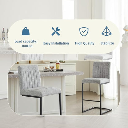 26" Counter Height Bar Stools Set of 2, Modern Upholstered Chairs with Vertical Tufted Backrest & Footrest, Metal Frame for Kitchen Island, Home Bar (Light Gray Knitted)