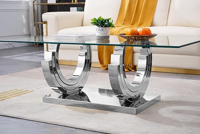 Glass Living Room Table Set of 2, Modern Glass Coffee Table with 1 Console Tables Set for Apartment, Luxury Coffee Table Sets Perfect for Living Room, Stainless Steel Frame
