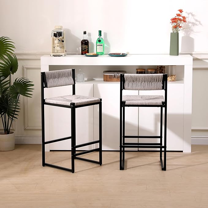 Modern Dining Chairs,Elegant American Design,Offering & Stylish,Hand Woven Paper Rope Bar Stools Set of 2,Solid Wood Frame Counter Height with Metal Legs for Island,Farmhouse Furniture,Gray-PaperRope-