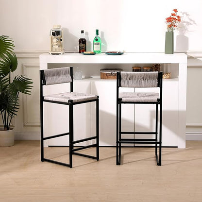 Modern Dining Chairs,Elegant American Design,Offering & Stylish,Hand Woven Paper Rope Bar Stools Set of 2,Solid Wood Frame Counter Height with Metal Legs for Island,Farmhouse Furniture,Gray-PaperRope-