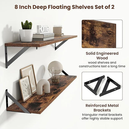 Axeman 36 Inch Floating Shelves | 8 Inch Deep Brown Wall Shelves Set of 2 | 36''W x 8''D Rustic Brown Wood Shelves for Bathroom Living Room Bedroom Kitchen