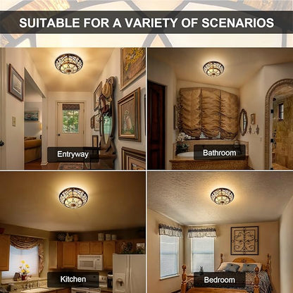 ARTZONE Tiffany Ceiling Lights, Stained Glass Ceiling Light 2-Lights 12 Inch Tiffany Flush Mount Ceiling Light for Bedroom Dining Living Room Entryway Foyer