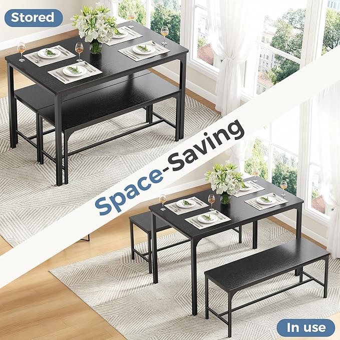 DUMOS Dining Table, Dining Table Set for 4 with Bench, Easy to Assemble Kitchen Table, Space-Saving Ideal 4-Person Set for Dining Room Kitchen Apartment Corner Dark Black 3 Pack