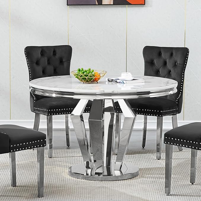 Round Marble Dining Table for 4 6，Modern 45" White Silver Kitchen Table with Faux Marble Top & Diamond Design Pedestal Base, American-Style Round Dining Room Dinner Table,Home Kitchen Furniture
