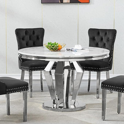Round Marble Dining Table for 4 6，Modern 45" White Silver Kitchen Table with Faux Marble Top & Diamond Design Pedestal Base, American-Style Round Dining Room Dinner Table,Home Kitchen Furniture