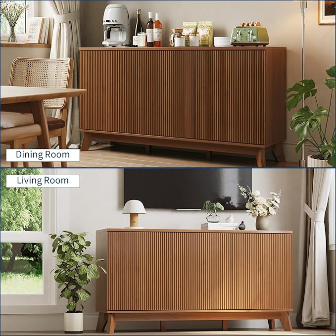GarveeHome 58" Modern Farmhouse Sideboard Buffet Cabinet with Adjustable Shelves Storage & 4 Doors, Wood Buffet Console Table, Curved Design, Cupboard Coffee Bar Cabinet for Dining Room, Living Room