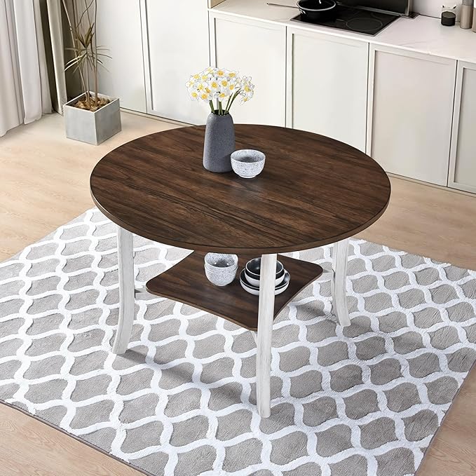 Round Dining Table with Storage Shelf Modern Farmhouse Round Kitchen Table Sturdy Small Space Dining Table for Dining Room Practical