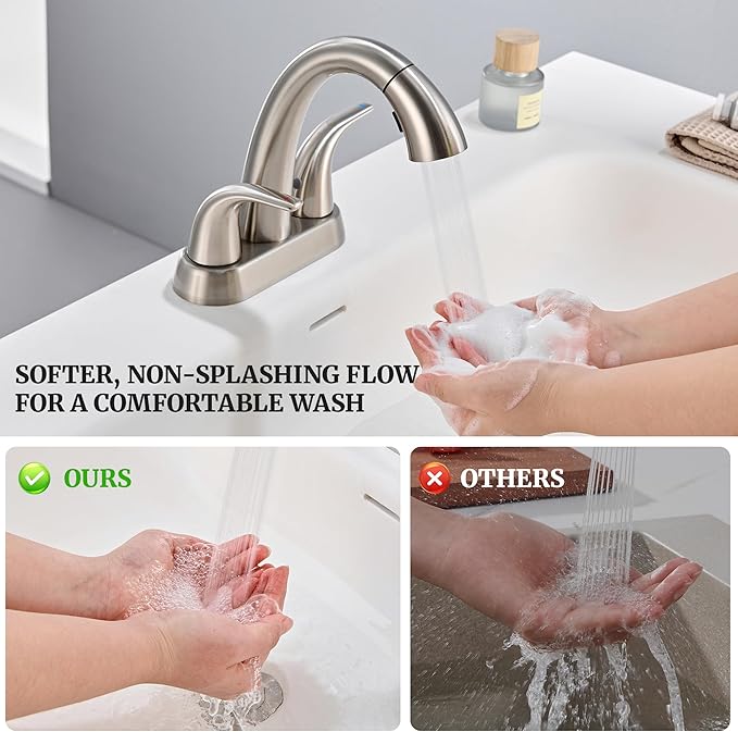 Ultimate Unicorn Brushed Nickel Bathroom Sink Faucet - 4 Inch Centerset Pull Down Vanity Faucets 3 Hole with Pop Up Drain - Two Handle Modern Washbasin Tap Set with Pull Out Sprayer for Rv Restroom