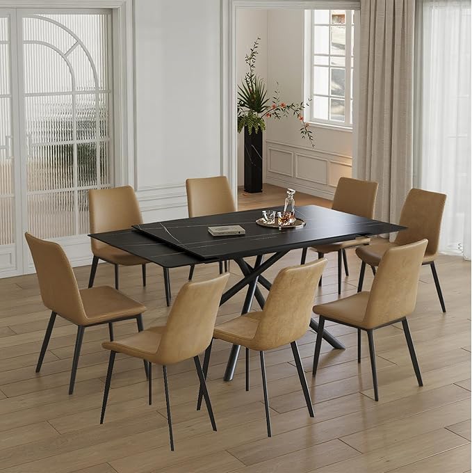 Runboll Extendable Rectangular Dining Table Set for 8, 47"-71" Modern Sintered Stone Kitchen Table with 8 Chairs and Carbon Steel Legs for Dining Room Family Gathering