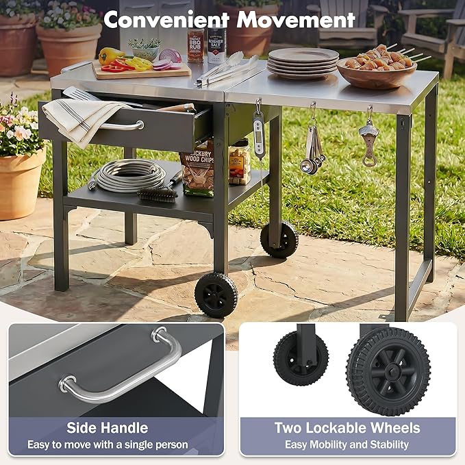 JIJIWANG 54.7" Outdoor Kitchen Island with Stainless Steel Top and Foldable Table, Kitchen Island with Drawer and Shelf, BBQ Cart with Wheels for Backyard Patio Gray
