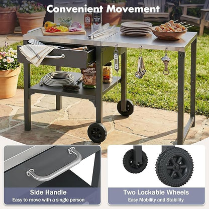 JIJIWANG 54.7" Outdoor Kitchen Island with Stainless Steel Top and Foldable Table, Kitchen Island with Drawer and Shelf, BBQ Cart with Wheels for Backyard Patio Gray
