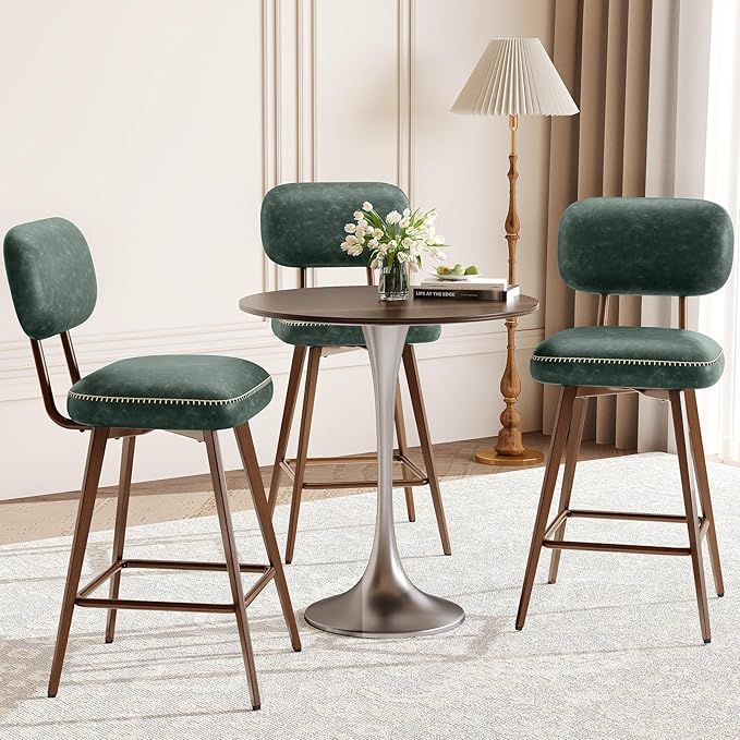 MALOL 26“ Swivel Bar Stools Set of 2, Mid Century PU Leather Counter Height Bar Chairs with Low Back and Metal Legs, Modern Bar Stool Chair for Kitchen Island, Green
