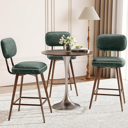 MALOL 26“ Swivel Bar Stools Set of 2, Mid Century PU Leather Counter Height Bar Chairs with Low Back and Metal Legs, Modern Bar Stool Chair for Kitchen Island, Green