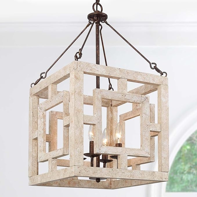 Farmhouse Chandelier, 4-Light Wood Suqure Chandeliers for Dining Romm, Living Room, Foyer and Kitchen Island, Weathered White Wood & Rustic Metal Finish