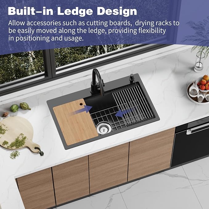 Black Kitchen Sink Workstation,30"x18" Stainless Steel Drop In Single Bowl Sink Built-in Ledge Workstation Sink Design For Placing/Sliding Accessories-Cutting Board And Drying Rack,Colander