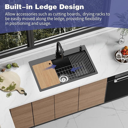 Black Kitchen Sink Workstation,30"x18" Stainless Steel Drop In Single Bowl Sink Built-in Ledge Workstation Sink Design For Placing/Sliding Accessories-Cutting Board And Drying Rack,Colander
