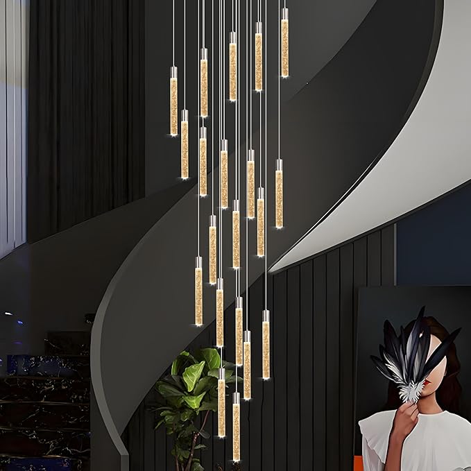 20-Lights Bubble Chandelier for Entryway High Ceiling-157 Height Adjustable Crystal Chandelier,3 Color Temperature Dimmable LED Pendant Light Fixture for Foyer Living Room Staircase,Chrome