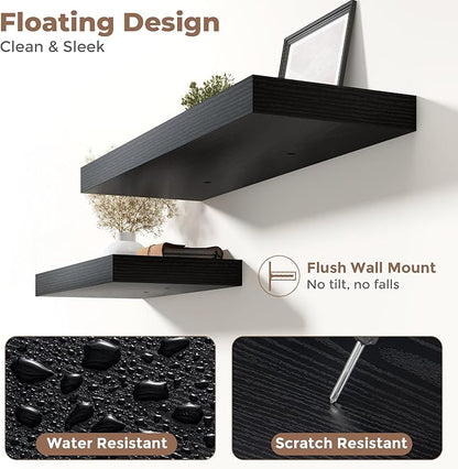 Marsmiles 12" Deep Floating Shelves for Wall with Invisible Brackets, Wall Mounted Engineered Wood Shelves with Wood Grain for Living Room, Bedroom, Kitchen Decor and Storage, 24" L Set of 2, Black