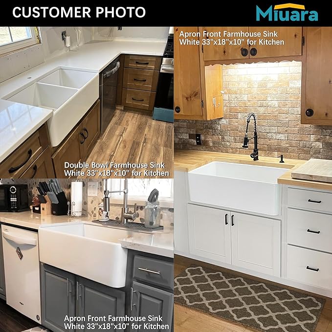 Miuara Farmhouse Sink Double Bowl 33 Inch - White Apron Front Kitchen Sink Reversible 33"x18"x10", Undermount Installation, Farm House﻿ Style Dual Basin 50/50, Heavy Duty Solid Fireclay, for Kitchen