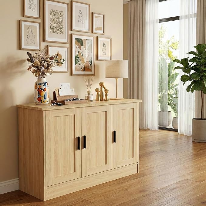 Anystyle 43" Oak Buffet Cabinet with Black Handles, Small Kitchen Sideboard with 3 Doors & Adjustable Shelves, Modern Entryway Credenza & TV Console Table for Living Room, Dining Room