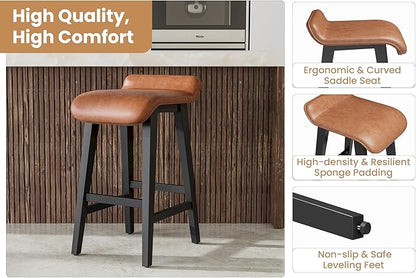 IDEALHOUSE 26.2" Solid Wood Bar Stools Set of 4, Counter Height Bar Stools with Wide PU Leather Upholstered Seat, Barstools Set for Kitchen Islands, Counter Bars, Brown