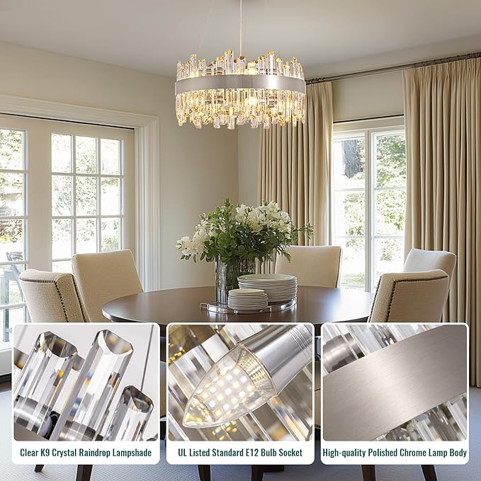 Siljoy Modern Crystal Chandeliers 12-Light Luxury Brushed Nickel K9 Crystal Raindrop Chandelier Adjustable Dimmable Crystal Ceiling Light Fixture for Dining Room Living Room Bedroom D19.7''