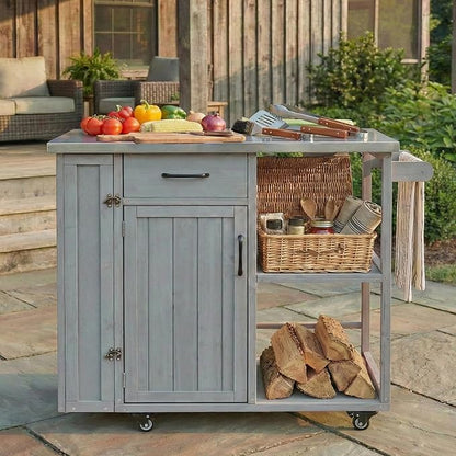 JIJIWANG 35.6" Outdoor Kitchen Island with Stainless Steel Top and Towel and Spice Racks, Rolling Kitchen Island with Storage for Small Spaces Patio Grey