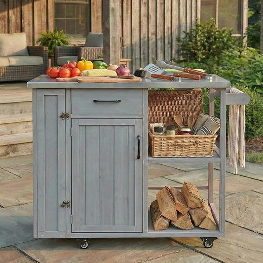 JIJIWANG 35.6" Outdoor Kitchen Island with Stainless Steel Top and Towel and Spice Racks, Rolling Kitchen Island with Storage for Small Spaces Patio Grey