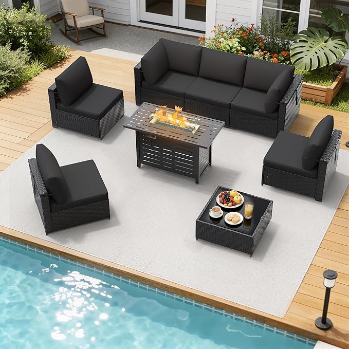 LOUVIXA 8 Piece Outdoor Patio Furniture Set, Outdoor Sectional Sofa with Firepit Table, Wicker Rattan Patio Furniture, Patio Conversation Set with Coffee Table & Cushions