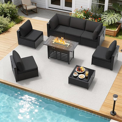 LOUVIXA 8 Piece Outdoor Patio Furniture Set, Outdoor Sectional Sofa with Firepit Table, Wicker Rattan Patio Furniture, Patio Conversation Set with Coffee Table & Cushions