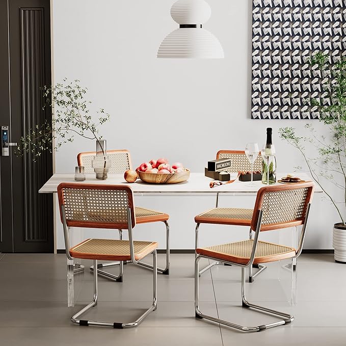 Alunaune Mid Century Modern Dining Chairs Set of 4, Upholstered Natural Rattan Kitchen Chairs Accent Chair, Armless Side Chairs with Metal Chrome Legs for Bedroom Living Room-Rattan Seat