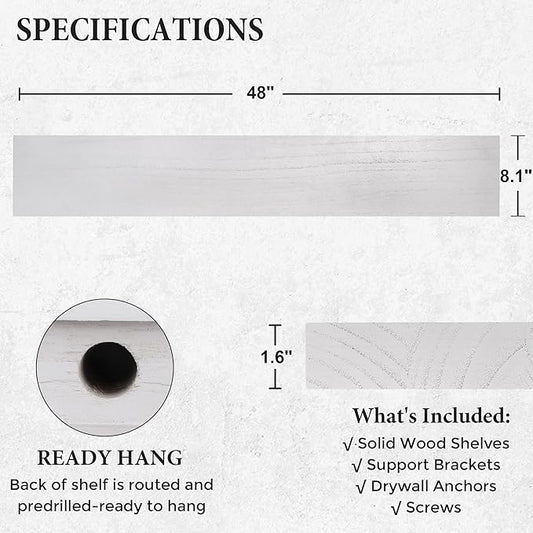 Axeman Floating Shelves, 8 Inch Deep Rustic Solid Wood Wall Shelves for Storage, Wall Mounted Display Shelving with Invisible Heavy-Duty Metal Bracket, 48" W x 8" D x 1.6" H, Distressed White