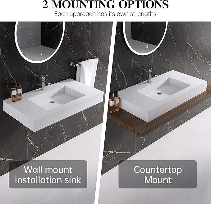 30 inch Wall Mount Floating Vanity with Sink Bathroom Vessel Sink Rectangle Modern Stone Resin White Washing Sink Art Basin for Bathroom AFS140-750